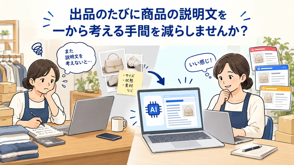 出品のたびに商品の説明文を一から考える手間を減らしませんか? 商品の写真やサイズ・状態などの情報を渡すだけで、AIが販売ページの紹介文や説明文を作ります。