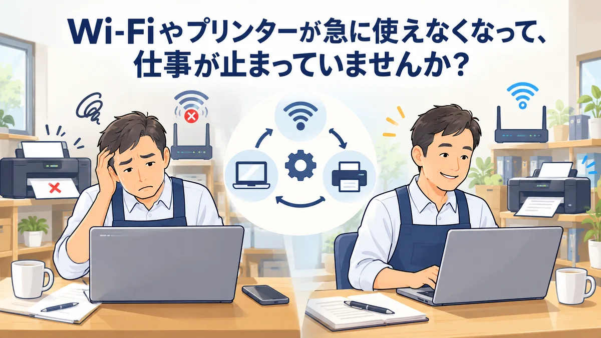 Wi-Fiやプリンターが急に使えなくなって、仕事が止まっていませんか? どこに原因があるかを順番に確かめ、設定で直るものは、その場で直します。